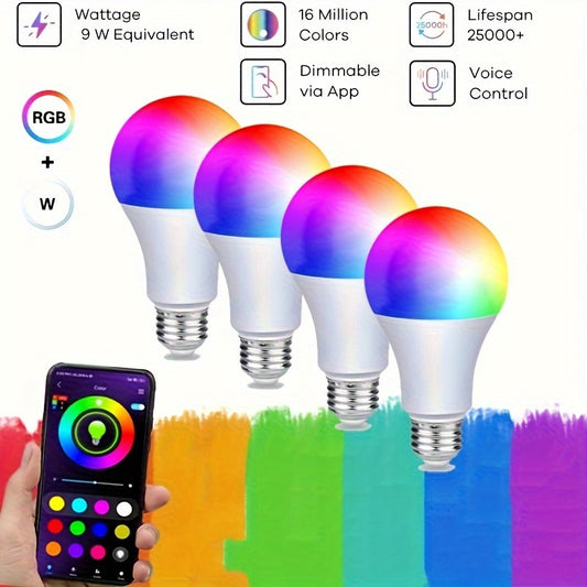 1 Pack/4 Packs For Home Bedroom,wireless Smart Light Bulbs With App Control, RGBW LED Color Changing Bulbs, Dimmable Music Sync, A19 E26 9W 800LM (No Support For Alexa For Google/WiFi)