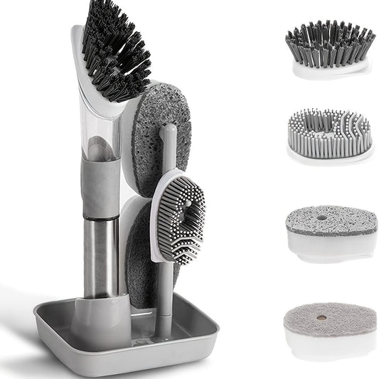 1 Pack, Dish Cleaning Brush, Soap Dispensing Dish Brush Set With 4 Replacement Heads And Storage Holder, Kitchen Scrub Brush For Dish Pot Pan Sink Cleaning - Grey