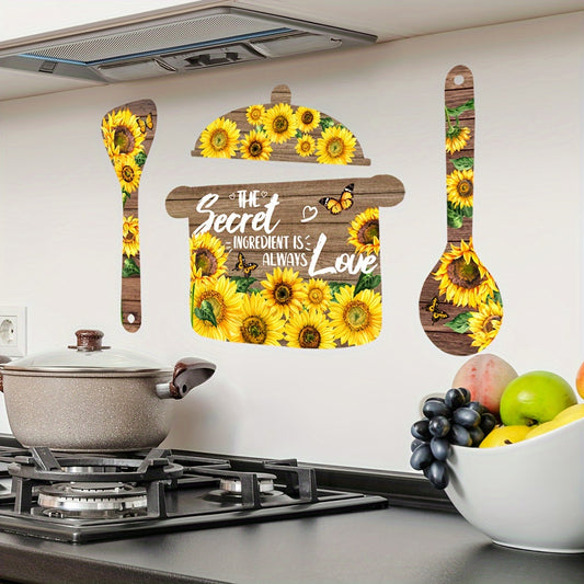 1 Set Creative Wall Sticker, Pot Spoon Sunflower Pattern Self-Adhesive Wall Stickers, Kitchen Entryway Living Room Porch Home Decoration Wall Stickers, Removable Stickers, Wall Decor Decals